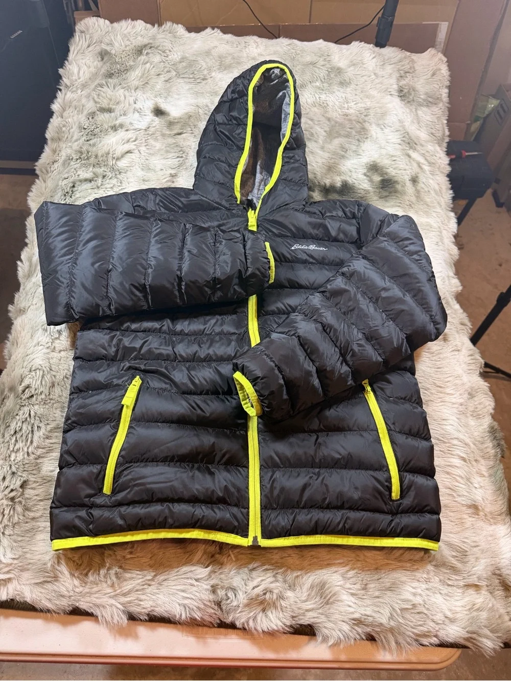 Eddie Bauer Kids L (14/16) Reversible Hooded Puffer Jacket - Black, Gray, & Neon